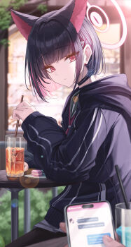 1girl 1other absurdres animal_ears black_choker black_hair black_jacket black_pantyhose blue_archive blurry blurry_background cat_ears cat_girl cellphone choker colored_inner_hair commentary depth_of_field drink drinking_straw food from_side green_sailor_collar hair_ornament hairclip halo highres holding holding_drinking_straw holding_phone hood hooded_jacket ice ice_cube jacket k0a kazusa_(blue_archive) long_sleeves looking_at_viewer macaron miniskirt multicolored_hair neckerchief outdoors pantyhose phone pink_eyes pink_hair pink_halo pink_neckerchief plate pleated_skirt pov pov_hands sailor_collar short_hair sitting skirt smartphone table white_skirt wooden_table