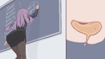 1girl arm_at_side arm_up ass black_jacket black_pantyhose black_skirt bladder blush breath chalk chalkboard classroom clenched_hand cross-section ear_blush english_text facing_away female_focus from_behind from_below have_to_pee highres holding holding_chalk indoors jacket kneepits leaning_forward legs_together long_hair long_sleeves miniskirt multiple_views original pantyhose pee pencil_skirt purple_hair rune_(dualhart) side_slit skirt standing sweat teacher teaching thighs writing yurina_(rune_(dualhart))