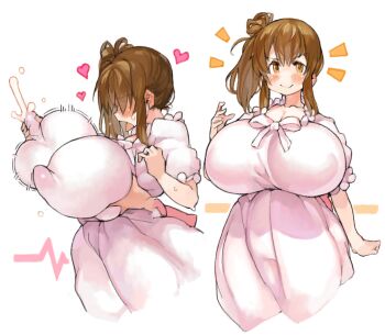 1girl breasts brown_eyes brown_hair dress gown huge_breasts ponytail sachito