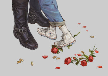 2boys absurdres black_boots blue_pants boots bullet chinese_commentary commentary_request converse denim flower footwear_focus highres jeans john_connor male_focus multiple_boys pants pants_rolled_up red_flower red_rose rora_(auroradiation) rose shoelaces shoes sneakers socks t-800 terminator_(series) terminator_2:_judgment_day white_shoes white_socks