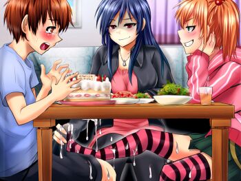 1boy 2girls birthday_cake blush brother_and_sister bulge cake crying cum cum_on_body cum_on_lower_body ejaculation embarrassed erection erection_under_clothes feet femdom food footjob guglielmo handjob humiliation incest long_hair molestation multiple_girls no_shoes penis salad saliva short_hair siblings sisters striped_legwear table tears thighhighs under_table