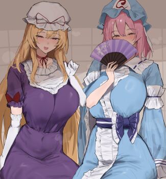 258n 2girls alternate_breast_size_(larger) blonde_hair blue_hat blue_kimono bow breasts choker dress elbow_gloves frilled_kimono frills gloves hat hat_ribbon highres huge_breasts japanese_clothes kimono long_hair long_sleeves looking_at_viewer mob_cap multiple_girls open_mouth pink_eyes pink_hair purple_dress purple_eyes red_bow red_ribbon ribbon ribbon_choker saigyouji_yuyuko sleeve_bow sleeve_garter smile touhou triangular_headpiece very_long_hair white_gloves wide_sleeves yakumo_yukari