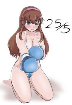 azayakasket bikini blue_bikini blue_eyes blush boxing_gloves breasts brown_hair dead_or_alive hairband hitomi_(doa) large_breasts long_hair looking_at_viewer open_mouth pink_hairband raised_fists sidelocks sitting swimsuit wariza