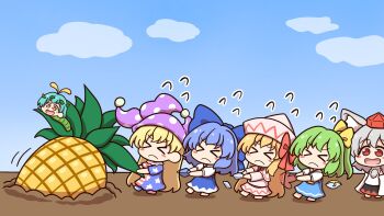>_< 6+girls american_flag_dress animal_ears aqua_hair blonde_hair blue_bow blue_dress blue_hair blush_stickers bow caterpillar chibi cirno clownpiece commentary_request daiyousei detached_sleeves dress eternity_larva fairy_wings flying_sweatdrops food frown fruit green_hair grey_hair hair_bow hat highres ice ice_wings inubashiri_momiji jester_cap lily_white multiple_girls pineapple ponytail pulling red_eyes shitacemayo tokin_hat touhou white_hat wings wolf_ears wolf_girl