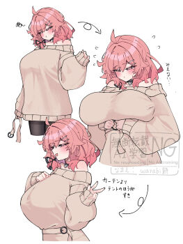 1girl :t absurdres adjusting_belt adjusting_clothes ahoge arms_under_breasts arrow_(symbol) black_choker black_pantyhose blush braid breasts brown_dress choker commentary_request cropped_legs dress fang flying_sweatdrops hair_ribbon highres huge_breasts long_sleeves looking_ahead looking_at_viewer medium_hair multiple_views off-shoulder_dress off_shoulder original pantyhose pink_hair ribbon sequential simple_background single_braid skin_fang smile squiggle sweater sweater_dress translation_request w warabi_mochi_(w4rabimochi) white_background