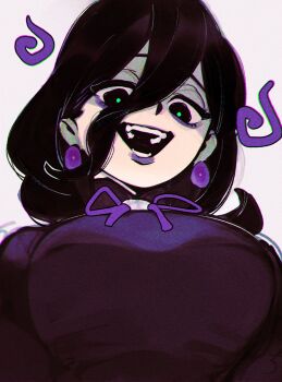 1girl bags_under_eyes earrings franzkafkaffee from_below glowing_pupils hair_between_eyes hex_maniac_(pokemon) hex_maniac_(pokemon_legends:_z-a) highres jewelry long_hair looking_at_viewer nintendo pearl_earrings pokemon pokemon_legends:_z-a purple_lips purple_ribbon ribbon solo sphere_earrings