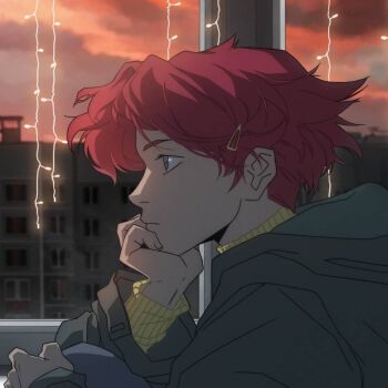 1girl character_request cloud cloudy_sky coat copyright_request from_side hair_ornament hairclip head_rest hood jacket lightning non-web_source pontyk_blya profile sky solo sweater turtleneck upper_body window