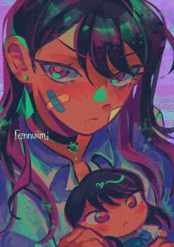 1girl absurdres bandaid bandaid_on_face bang_dream! bang_dream!_it&#039;s_mygo!!!!! black_choker blush character_doll choker closed_mouth commentary doll earrings english_commentary highres jewelry long_hair mole mole_under_eye phos_(ennuuiim) purple_eyes purple_hair shiina_taki solo upper_body