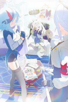 4girls absurdres ahoge ako_(blue_archive) black_coat black_gloves black_halo blue_archive blue_hair bm_tol breasts chinatsu_(blue_archive) coat coat_on_shoulders demon_girl demon_horns demon_wings glasses gloves grey_hair halo highres hina_(blue_archive) horns indoors iori_(blue_archive) long_hair medium_hair multiple_girls orange_hair prefect_team_(blue_archive) small_breasts standing table very_long_hair white_hair wings