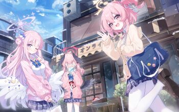 <|>_<|> 3girls \||/ absurdres alternate_costume bag blue_archive blue_bag blue_bow blue_bowtie blue_skirt blush book bow bowtie breasts brown_shoes cardigan closed_mouth collared_shirt commentary english_commentary exusiai_dust feathered_wings hair_bun halo highres holding holding_book koharu_(blue_archive) loafers long_hair long_sleeves looking_at_viewer low_wings medium_breasts mika_(blue_archive) miniskirt multiple_girls one_eye_closed one_side_up open_cardigan open_clothes outdoors pantyhose pink_cardigan pink_eyes pink_hair pink_halo plaid_clothes plaid_skirt pornography puffy_long_sleeves puffy_sleeves serina_(blue_archive) shirt shoes short_hair shoulder_bag single_side_bun skirt twintails white_pantyhose white_shirt white_wings wings yellow_cardigan yellow_eyes yellow_halo