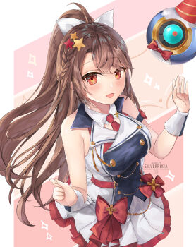 1girl absurdres artist_name bow braid brown_hair cross epic_seven greek_cross hair_bow hair_ornament highres latin_cross layered_skirt long_hair machine necktie official_alternate_costume ponytail red_neckwear silverpixia skirt star_(symbol) star_hair_ornament white_skirt wing_collar wrist_cuffs yuna_(epic_seven)