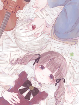 1boy 1girl black_bow black_bowtie black_ribbon blue_jacket blunt_bangs bow bowtie brooch brown_eyes brown_hair closed_mouth clover collared_shirt commentary_request curusucururi doll_joints dot_nose double-parted_bangs dress drill_hair expressionless fingernails four-leaf_clover frilled_shirt_collar frills hair_ribbon hand_on_own_chest hand_up highres instrument jacket jewelry joints light_blush looking_at_viewer lying medium_hair on_back on_side original paper pinafore_dress purple_eyes red_dress ribbon shirt short_hair sleeveless sleeveless_dress smile twin_drills twintails upper_body violin white_hair white_shirt