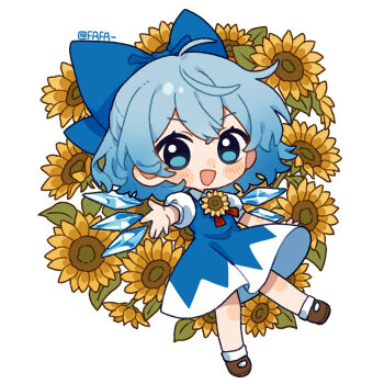 Rule 34 | 1girl, artist name, blue bow, blue dress, blue eyes, blue hair, bow, chinese commentary, cirno, collared shirt, commentary request, detached wings, dress, fafa, flower, full body, hair bow, highres, ice, ice wings, medium hair, open mouth, pinafore dress, puffy short sleeves, puffy sleeves, shirt, short sleeves, sleeveless, sleeveless dress, smile, socks, solo, sunflower, touhou, white shirt, white socks, wings, yellow flower