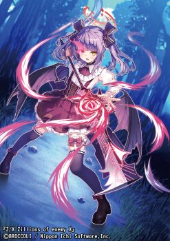 Rule 34 | 1girl, black boots, black bow, black thighhighs, blue sky, boots, bow, brown skirt, brown wings, character request, cloud, commentary request, day, forest, frilled bow, frilled skirt, frills, full body, hair bow, heterochromia, highres, holding, holding sword, holding weapon, juliet sleeves, long sleeves, looking at viewer, nature, open mouth, outdoors, puffy sleeves, purple eyes, purple hair, red bow, ryuudog, shirt, skirt, sky, solo, standing, sword, thighhighs, torn wings, tree, twintails, weapon, white shirt, wings, yellow eyes, z/x