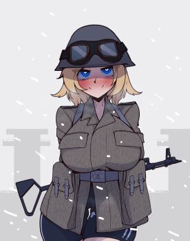 1girl bike_shorts blonde_hair blue_eyes blush commentary east_germany english_commentary freckles goggles heart heart-shaped_pupils helmet highres military_uniform mpi-kms-72 original phenol_r snowing strichtarn symbol-shaped_pupils