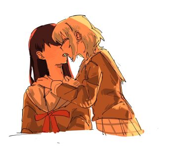 2girls bang_dream! bang_dream!_it&#039;s_mygo!!!!! blush brown_dress brown_hair brown_shirt commentary_request dress hanasakigawa_school_uniform hand_on_another&#039;s_shoulder kaname_raana korean_commentary long_hair long_sleeves medium_hair multiple_girls open_mouth oxx2v7w7tsialca sailor_collar sailor_dress school_uniform shared_food shiina_taki shirt simple_background skirt white_background white_hair white_sailor_collar white_skirt yuri