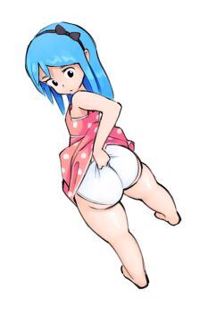 1girl ass bare_legs blue_hair bow closed_mouth colored_skin dress female_focus hairband huge_ass loli original panties pink_dress polka_dot shiny_skin simx skirt teasing thick_thighs thighs underwear wedgie white_background white_panties white_skin zoey_(simx)