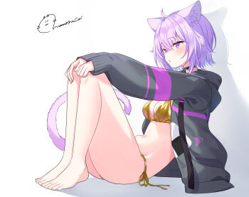 1girl absurdres ahoge animal_collar animal_ears barefoot bikini black_collar breasts cat_ears cat_girl cat_tail collar commentary_request double-parted_bangs drawstring feet from_side full_body gold_bikini grey_jacket hair_between_eyes hand_on_own_knee highres hololive hood hooded_jacket jacket knees_up medium_breasts momone_cco nekomata_okayu purple_eyes purple_hair short_hair side-tie_bikini_bottom simple_background solo swimsuit tail toes virtual_youtuber white_background