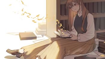 1girl black_vest blunt_bangs blush book book_stack bookshelf brown_eyes brown_hair brown_skirt collared_shirt foot_out_of_frame full_body long_hair long_sidelocks long_skirt long_sleeves omniscient_reader's_viewpoint open_book papercider shirt sidelocks sitting skirt smile solo vest white_shirt yoo_sangah