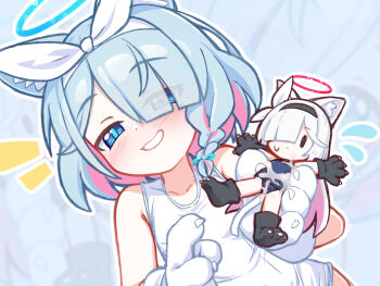 Rule 34 | 1girl, animal hands, arona (blue archive), blue archive, blue eyes, blue hair, blue halo, character doll, chinese commentary, colored inner hair, commentary, cum, doll, gloves, grin, halo, highres, multicolored hair, needle (574187457), one-piece swimsuit, parted lips, paw gloves, pink hair, plana (blue archive), red halo, school swimsuit, smile, solo, suggestive fluid, swimsuit, two-tone hair