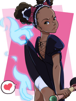 1girl afro_puffs annoyed arms_at_sides ass back black_dress black_hairband bow brown_eyes brown_hair closed_mouth clothes_lift cowboy_shot dark-skinned_female dark_skin disembodied_hand double_bun dress dress_lift female_focus forehead frilled_hairband frills from_behind ghost glowing hair_bow hair_bun hairband heart highres holding holding_staff lifting_another's_clothes loli looking_back oira_wa_arumajiro original panties pink_background puffy_short_sleeves puffy_sleeves red_bow short_hair short_sleeves solo_focus speech_bubble spoken_heart staff standing underwear white_panties