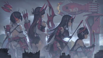 4girls ahoge armor arrow_(projectile) ass black_gloves black_hair blue_eyes bow bow_(weapon) braid breasts building character_request cloud cloudy_sky commentary_request ebizome elbow_gloves flower folded_ponytail from_side giant giantess gloves gun hair_bow hair_flower hair_ornament half_up_braid haze/reverb highres holding holding_bow_(weapon) holding_gun holding_sheath holding_weapon horns japanese_armor japanese_clothes kote kusazuri long_hair looking_to_the_side low_ponytail mecha_musume mechanical_horns multiple_girls one_eye_covered pelvic_curtain ponytail profile quiver red_eyes red_flower ribbon-trimmed_sleeves ribbon_trim sheath short_hair shoulder_armor sidelocks signature sky sode spider_lily squatting standing thigh_strap thighhighs underboob very_long_hair weapon white_bow wide_sleeves