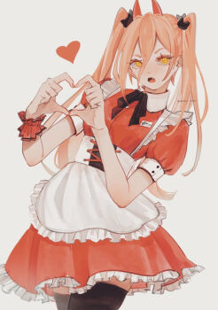 Rule 34 | 1girl, alternate costume, apron, artist name, chainsaw man, commentary, cross-shaped pupils, demon girl, demon horns, dress, enmaided, frilled apron, frills, hair between eyes, heart, heart hands, horns, ice morinaka, long hair, looking at viewer, maid, maid apron, open mouth, power (chainsaw man), puffy short sleeves, puffy sleeves, red horns, ribbon, short sleeves, simple background, solo, symbol-shaped pupils, thighhighs, twintails, waist apron, white apron