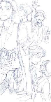 Rule 34 | 1girl, 2boys, bed, bed sheet, blush, commentary request, eye contact, hands in pockets, highres, hiyajou maho, implied after sex, japanese clothes, lab coat, looking at another, male focus, menomorute, miko, monochrome, multiple boys, multiple costumes, multiple views, naked sheet, okabe rintarou, okabe rintarou (beta), science adventure, smile, steins;gate, steins;gate 0, trap, urushibara luka, wide sleeves