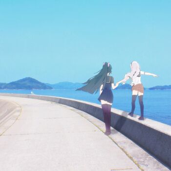 2girls benghuai_xueyuan blue_sky bow braid from_behind hashtag-only_commentary highres holding_hands honkai_(series) kiana_kaslana long_hair mountain multiple_girls ocean outdoors ponytail purple_hair raiden_mei scarameowchw school_uniform shoes short_sleeves sidewalk skirt sky thighhighs twin_braids very_long_hair walking white_hair