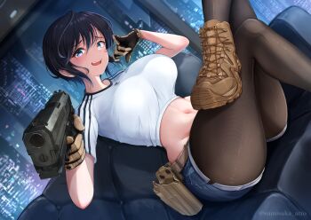 1girl @_(symbol) absurdres aiming aiming_at_viewer ass belt black_hair black_pantyhose blue_eyes boots breasts brown_gloves city commentary_request commission crossed_legs denim denim_shorts finger_on_trigger gloves groin gun h&amp;k_usp handgun highres holding holding_gun holding_weapon holster huge_breasts indoors linea_alba looking_at_viewer mole mole_under_eye napozouattop navel original pantyhose pixiv_commission revision shirt short_hair short_sleeves shorts sitting solo weapon white_shirt