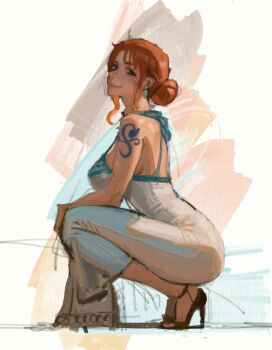 1girl antsiart ass bare_shoulders breasts brown_eyes closed_mouth dress earrings from_side full_body hair_bun hair_up high_heel_sandals high_heels highres jewelry large_breasts long_hair looking_at_viewer nami_(one_piece) one_piece orange_hair sandals shoulder_tattoo sidelocks skin_tight smile solo squatting tattoo tight_clothes white_dress