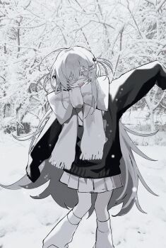 Rule 34 | 1girl, arm up, black sweater, bow, eyepatch, feet out of frame, highres, long hair, looking at viewer, medical eyepatch, miniskirt, one eye covered, open mouth, original, outdoors, pleated skirt, scarf, scarf bow, si (wooupp), skirt, sleeves past fingers, sleeves past wrists, snow, socks, solo, standing, sweater, very long hair, white hair, white scarf, white skirt, white socks, winter