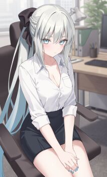 1girl absurdres binder black_bow black_skirt blue_eyes blue_nails blurry blurry_background bow braid breasts chair cleavage closed_mouth collared_shirt commentary_request computer_keyboard desk expressionless fate/grand_order fate_(series) grey_hair hair_bow highres indoors large_breasts long_hair long_sleeves looking_at_viewer monitor morgan_le_fay_(chaldea_satellite_station)_(fate) morgan_le_fay_(fate) nagine nail_polish office office_chair office_lady on_chair pencil_skirt plant ponytail potted_plant shirt sidelocks sitting skirt sleeves_rolled_up solo swivel_chair thighs very_long_hair white_shirt window