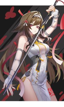 1girl absurdres animal_ears bare_shoulders black_background breasts brown_hair china_dress chinese_clothes cleavage cleavage_cutout clothing_cutout clover clover_hair_ornament commentary_request dress eyeshadow hair_ornament hanfu highres holding holding_sword holding_weapon large_breasts leg_tattoo long_hair looking_at_viewer makeup mikiseriavoid no_tail open_mouth partial_commentary pelvic_curtain red_eyeshadow side_slit sleeveless solo sword tail tattoo very_long_hair weapon white_hanfu ye_shunguang zenless_zone_zero