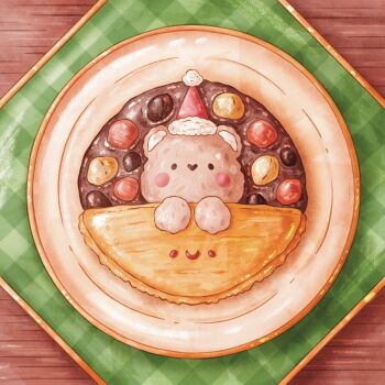 :> abbey_and_bear bear black_eyes blush_stickers christmas closed_mouth commentary english_commentary food food_focus fur-trimmed_headwear fur_trim hat highres in_food lying napkin no_humans omelet on_back original plate pom_pom_hat_ornament red_hat santa_hat smile solid_circle_eyes stew straight-on table