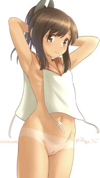 1girl armpits arms_behind_head arms_up bikini_tan blush bottomless breasts brown_eyes brown_hair cleft_of_venus cowboy_shot dated groin hair_ornament highres i-401_(kancolle) kantai_collection loli looking_at_viewer navel no_panties one-hour_drawing_challenge orange_sailor_collar ponytail pussy ray.s ribs sailor_collar short_hair side-tie_shirt sideboob sleeveless small_breasts smile solo tan tanline twitter_username uncensored