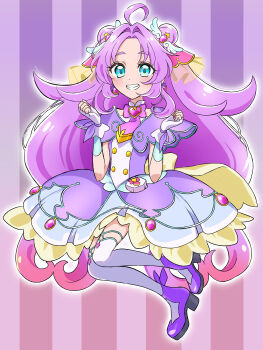 1girl absurdres ahoge akechi_anna blue_eyes bow brooch buttons capelet commentary cure_answer dot_nose double-breasted double_bun dress earrings fingerless_gloves full_body girly_pose gloves gradient_background gradient_hair grin hair_bun hair_flaps hair_intakes hair_ornament heart heart_brooch highres jewelry layered_dress long_hair looking_at_viewer magical_girl meitantei_precure! multicolored_hair pink_hair pouch precure purple_bow purple_capelet purple_dress purple_gloves purple_hair purple_shoes purple_theme shoes sidelocks smile solo striped_background thighhighs vertical-striped_background white_thighhighs yummi