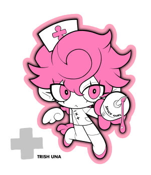1girl :&lt; absurdres artist_name c73an cartoon_wings character_name chibi chibi_only commentary_request detached_wings eyelashes full_body hair_between_eyes hat highres jojo_no_kimyou_na_bouken monochrome no_nose nurse nurse_cap outline pink_outline short_hair socks solo syringe trish_una vento_aureo wings
