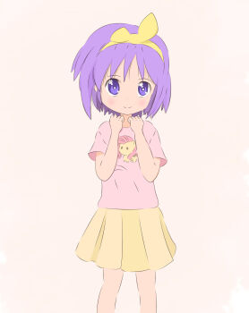 1girl animal_print blush character_print crossover fluttershy hair_ribbon hairband hasbro hiiragi_tsukasa horse_print looking_at_viewer lucky_star my_little_pony my_little_pony:_friendship_is_magic pink_shirt print_shirt purple_eyes purple_hair ribbon shirt short_hair short_sleeves skirt smile snickersoid standing white_background yellow_ribbon yellow_skirt