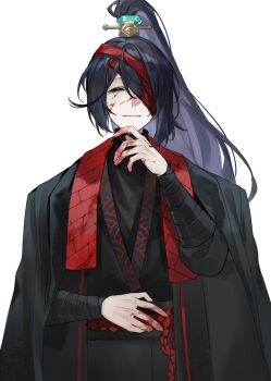 Rule 34 | 1boy, ^ ^, bandage over one eye, bandaged arm, bandages, black coat, black hanfu, black sash, blood, blood on clothes, blood on face, blood on hands, chinese clothes, closed eyes, coat, guan dao, hand on own chin, hand on own stomach, hanfu, hashtag-only commentary, high ponytail, highres, hong lu (project moon), hongyuan (identity) (project moon), limbus company, male focus, official alternate costume, open clothes, open coat, polearm, ponytail, project moon, red bandage, red sash, rope belt, sammorstrange, sash, solo, stole, upper body, weapon, white background
