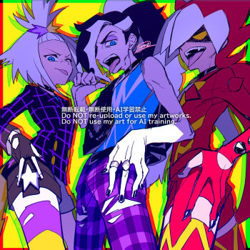 1girl 2boys black_nails blue_eyes eyeshadow fingerless_gloves gloves haraya long_hair long_sleeves makeup mixed-language_commentary multicolored_hair multiple_boys nail_polish nintendo official_alternate_costume open_mouth pants partially_fingerless_gloves piers_(pokemon) piers_(sygna_suit)_(pokemon) pokemon pokemon_masters_ex pokemon_sm roxie_(pokemon) roxie_(sygna_suit)_(pokemon) ryuki_(pokemon) shirt sleeveless sleeveless_shirt teeth tongue tongue_out two-tone_hair upper_teeth_only v watermark