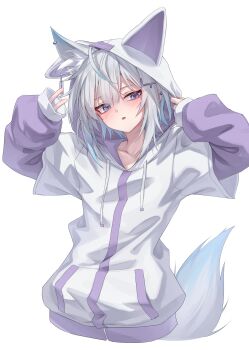 1girl absurdres animal_ears blue_eyes blue_hair blush collarbone commentary grey_hair hair_ornament hairclip highres hood hooded_jacket jacket long_sleeves looking_at_viewer multicolored_hair open_mouth original rei_(9086) short_hair simple_background solo tail two-tone_hair white_background white_jacket wolf_ears wolf_girl wolf_tail