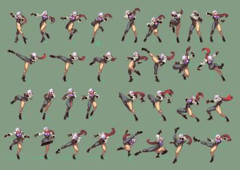 1girl asymmetrical_clothes bodysuit breasts fighting_stance fingerless_gloves gloves hanzo_(yatagarasu) hattori_hanzo_uruka heel_drop high_kick kicking knee_strike kneeing large_breasts legs long_legs motion_blur motion_lines ninja pixel_art scarf short_hair silver_hair sprite_sheet thick_thighs thighs tomoyuki_kotani yatagarasu_(game)
