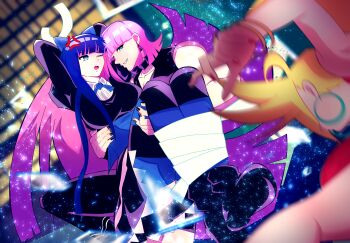 Rule 34 | 1boy, 2girls, absurdres, anger vein, black dress, black nails, blonde hair, blue bow, blue eyes, blunt bangs, bound, bound legs, bow, carrying, drawingmuscles, dress, dutch angle, earrings, highres, hoop earrings, jewelry, multiple girls, one eye closed, panty &amp; stocking with garterbelt, panty (psg), pink hair, polyurethane (psg), princess carry, stocking (psg), striped clothes, striped hair, striped thighhighs, thighhighs