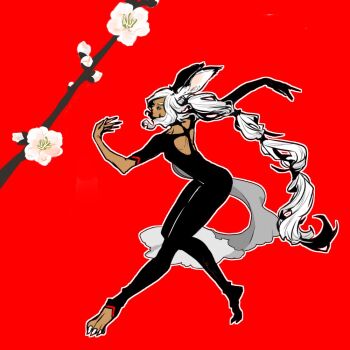 1girl alternate_costume animal_ears barefoot bodysuit cape closed_eyes dark-skinned_female dark_skin final_fantasy final_fantasy_xii flower fran_(ff12) full_body long_hair mochi_(hanamaruudondesu) red_background sharp_toenails solo toenails viera white_cape white_hair