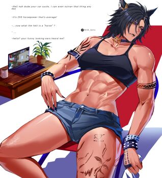 1girl abs air_shakur_(umamusume) animal_ears arm_belt arm_tattoo bare_shoulders black_hair black_nails black_sports_bra blue_shorts bottle bracelet breasts choker coffee coffee_mug collarbone computer cup ear_chain ear_ornament english_text eyebrow_piercing face_piercing highres holding holding_bottle horse_ears horse_girl jewelry laptop leg_tattoo linked_piercing long_hair medium_breasts midriff minecraft mug n10_arts navel open_mouth parted_lips piercing plant potted_plant sharp_teeth shorts sitting solo sports_bra studded_bracelet tattoo teeth toned toned_female umamusume yellow_eyes