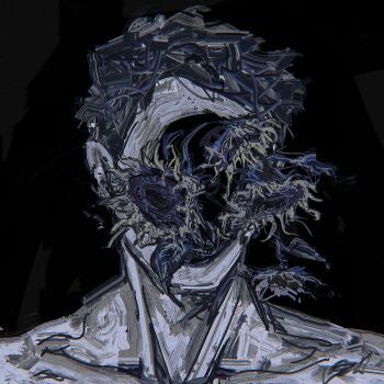 1other ambiguous_gender black_hair collarbone facing_viewer flower growing_out_of_body highres hole_in_face original other_focus painterly portrait revol4357 short_hair solo surreal topless_other wilted_flower