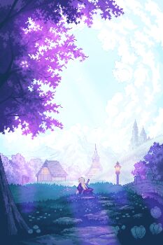 1girl animated animated_gif blonde_hair bloom bridge building cape cloud crescent_moon day falling_leaves fantasy flower grass highres hill house lamppost landscape leaf long_hair looping_animation moon mountain original pixel_art rock scenery sitting sky solo timpershd tree wide_shot