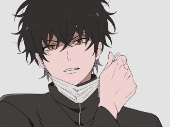 Rule 34 | black hair, hair between eyes, kageura masato, kageura squad's uniform, male focus, mask, removing mask, sharp teeth, solo, teeth, white background, world trigger, yawai tofu, yellow eyes