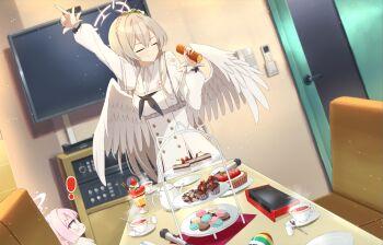 ! 2girls arm_up black_bow black_neckerchief blue_archive blurry blurry_background blush blush_stickers bow braid brown_hair buttons cake cake_slice capelet chibi chibi_inset closed_eyes closed_mouth commentary cowboy_shot crown_braid cup double-breasted double-parted_bangs dress dutch_angle facing_viewer feathered_wings flower food hair_between_eyes hair_flower hair_ornament halo hand_up highres holding holding_food holy-san_(makuu) index_finger_raised indoors karaoke long_hair long_sleeves looking_at_another macaron microphone mika_(blue_archive) multiple_girls nagisa_(blue_archive) neckerchief open_mouth parfait pink_flower pink_hair pink_halo puffy_long_sleeves puffy_sleeves school_uniform sidelocks sleeve_bow smile split_mouth steam straight_hair sweets swiss_roll table tea teacup triangle_mouth trinity_general_school_logo v-shaped_eyebrows variant_set very_long_hair white_capelet white_dress white_flower white_wings wings yellow_eyes